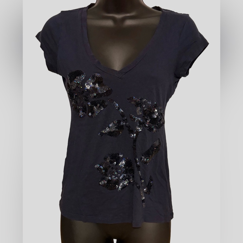 Express Dark Blue Sequin Floral Women's T Shirt
